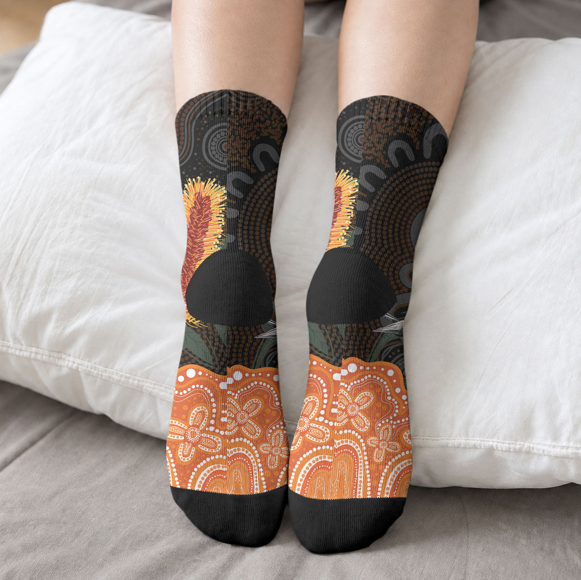 Australia Leukemia Support Crew Socks Flame Robin Bottlebrush Aboriginal Art