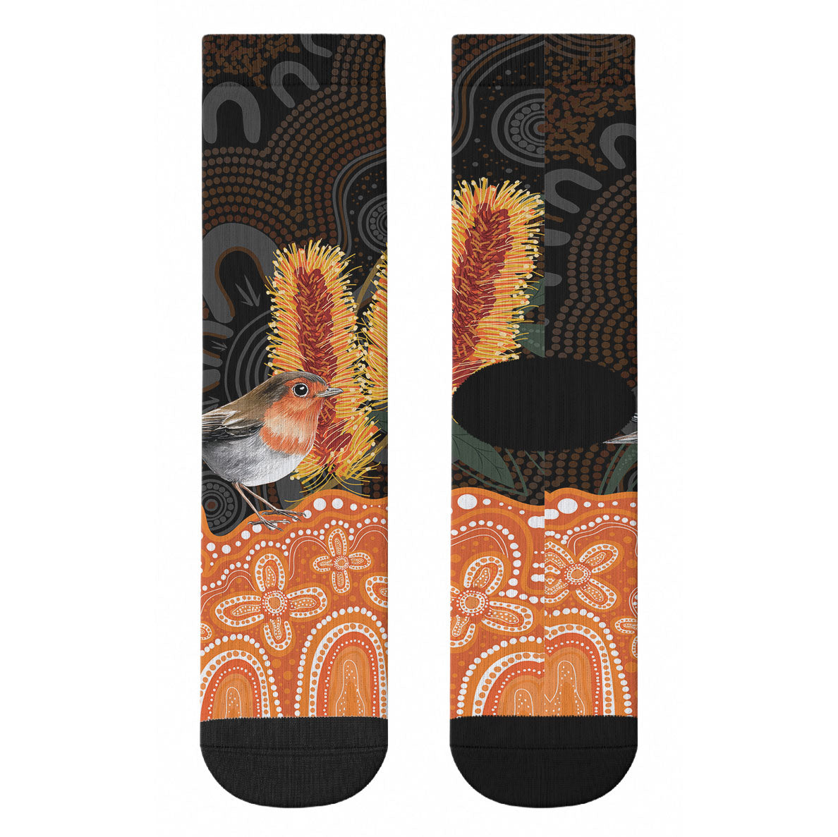 Australia Leukemia Support Crew Socks Flame Robin Bottlebrush Aboriginal Art