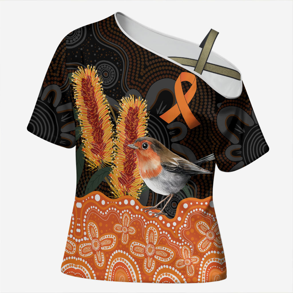 Australia Leukemia Support Cross Shoulder Shirt Flame Robin Bottlebrush Aboriginal Art