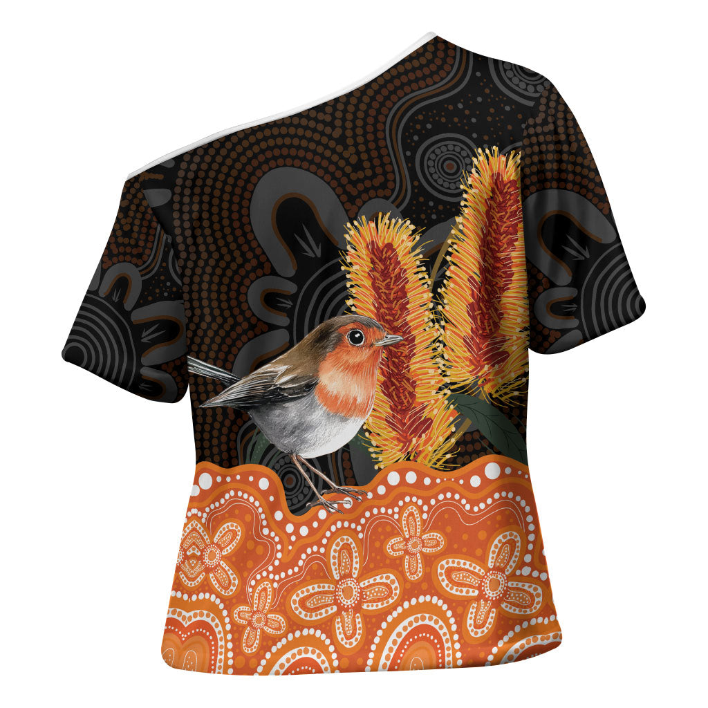 Australia Leukemia Support Cross Shoulder Shirt Flame Robin Bottlebrush Aboriginal Art
