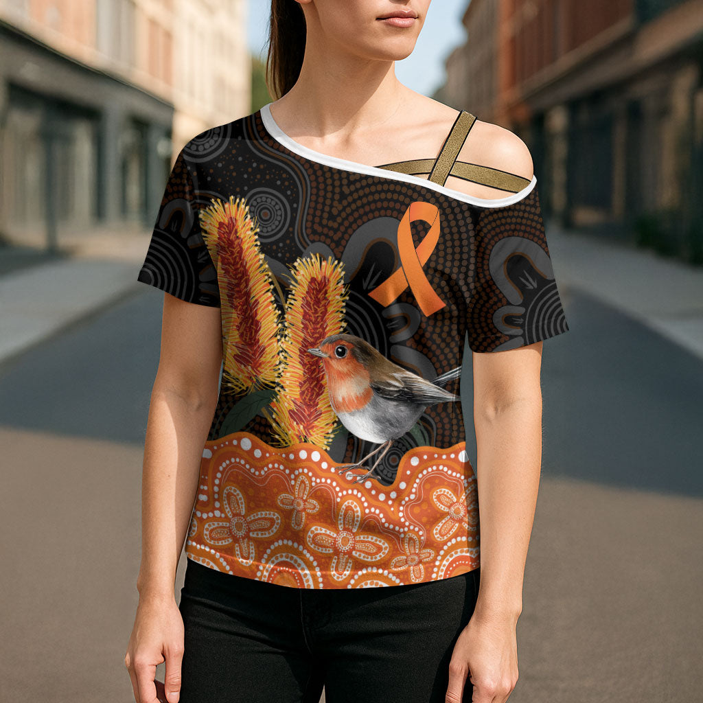Australia Leukemia Support Cross Shoulder Shirt Flame Robin Bottlebrush Aboriginal Art