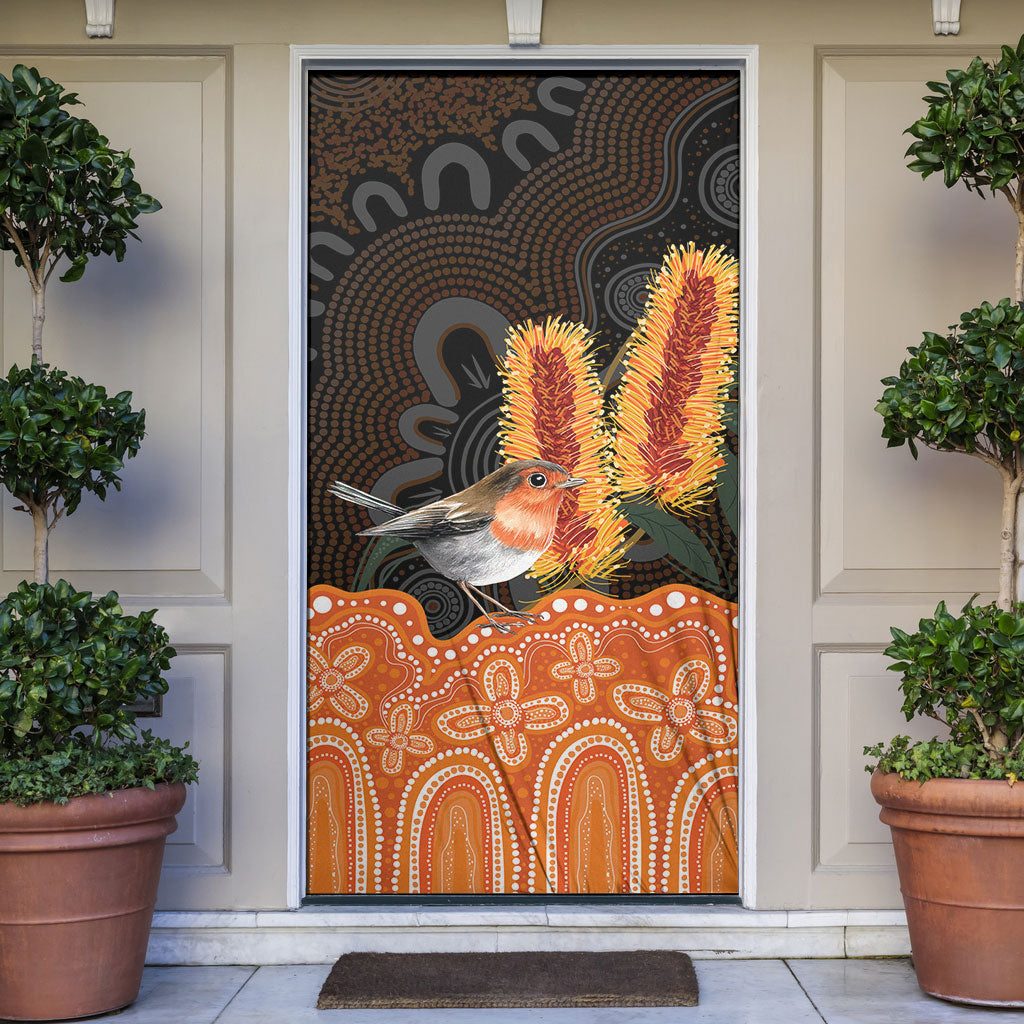 Australia Leukemia Support Door Cover Flame Robin Bottlebrush Aboriginal Art