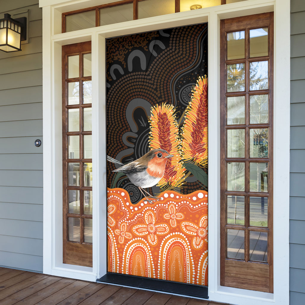 Australia Leukemia Support Door Cover Flame Robin Bottlebrush Aboriginal Art