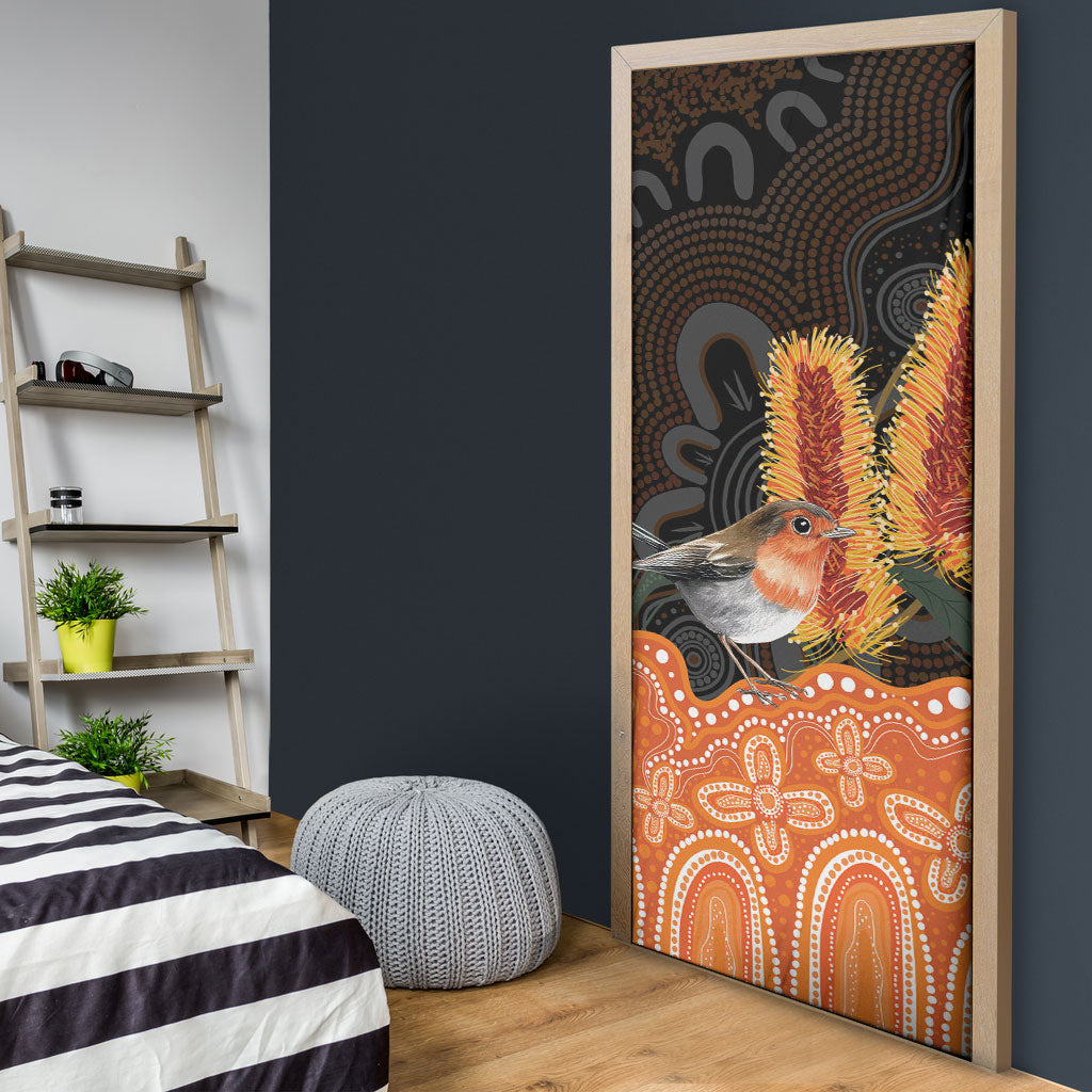 Australia Leukemia Support Door Cover Flame Robin Bottlebrush Aboriginal Art
