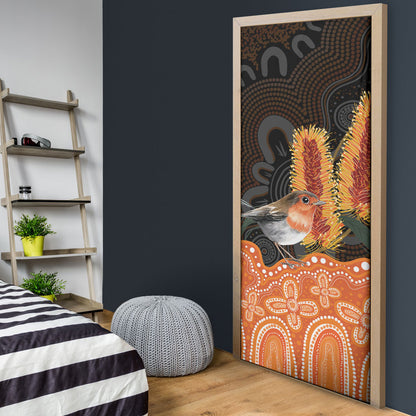Australia Leukemia Support Door Cover Flame Robin Bottlebrush Aboriginal Art