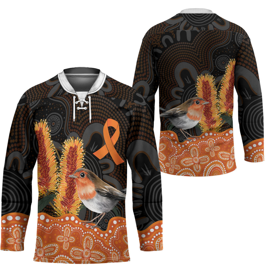 Australia Leukemia Support Hockey Jersey Flame Robin Bottlebrush Aboriginal Art