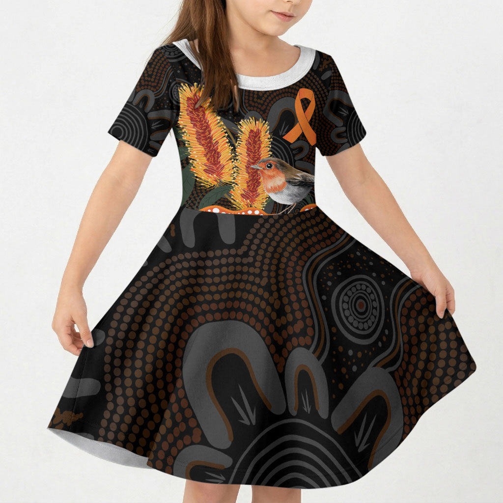 Australia Leukemia Support Kid Short Sleeve Dress Flame Robin Bottlebrush Aboriginal Art