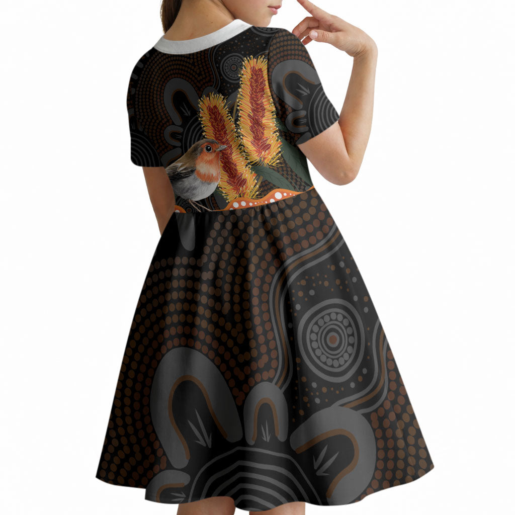 Australia Leukemia Support Kid Short Sleeve Dress Flame Robin Bottlebrush Aboriginal Art
