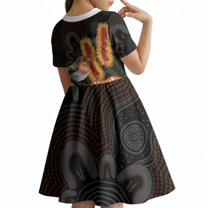 Australia Leukemia Support Kid Short Sleeve Dress Flame Robin Bottlebrush Aboriginal Art