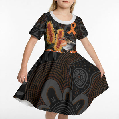 Australia Leukemia Support Kid Short Sleeve Dress Flame Robin Bottlebrush Aboriginal Art