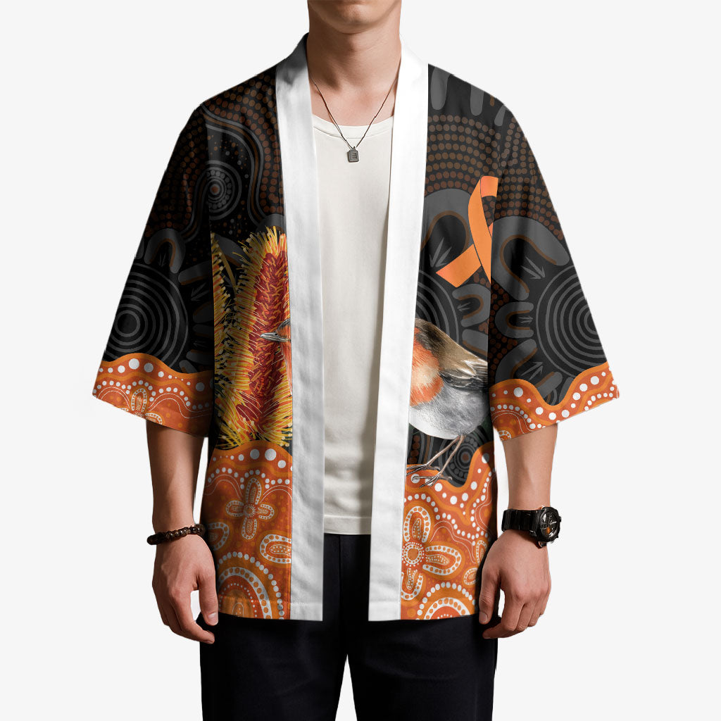 Australia Leukemia Support Kimono Flame Robin Bottlebrush Aboriginal Art