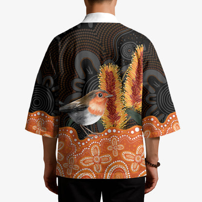 Australia Leukemia Support Kimono Flame Robin Bottlebrush Aboriginal Art