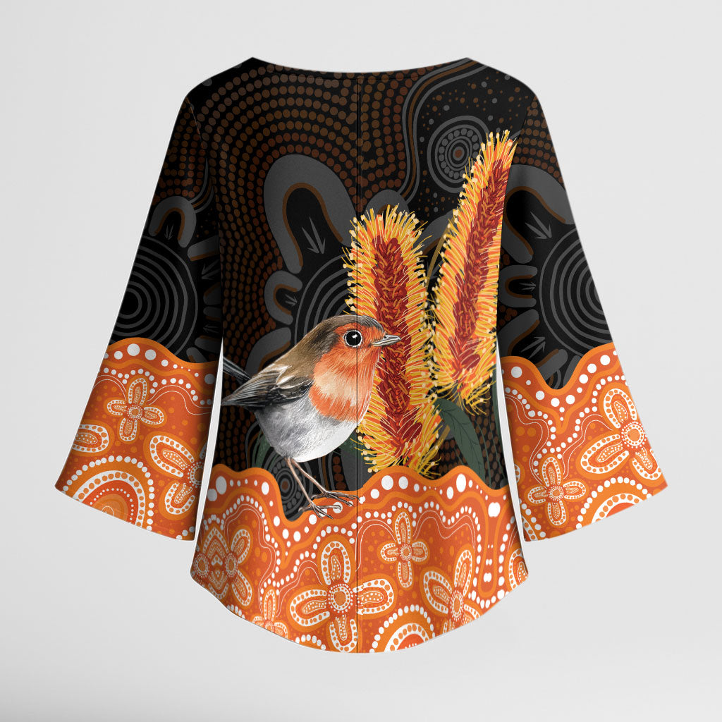 Australia Leukemia Support Kimono Sleeve Blouse Flame Robin Bottlebrush Aboriginal Art