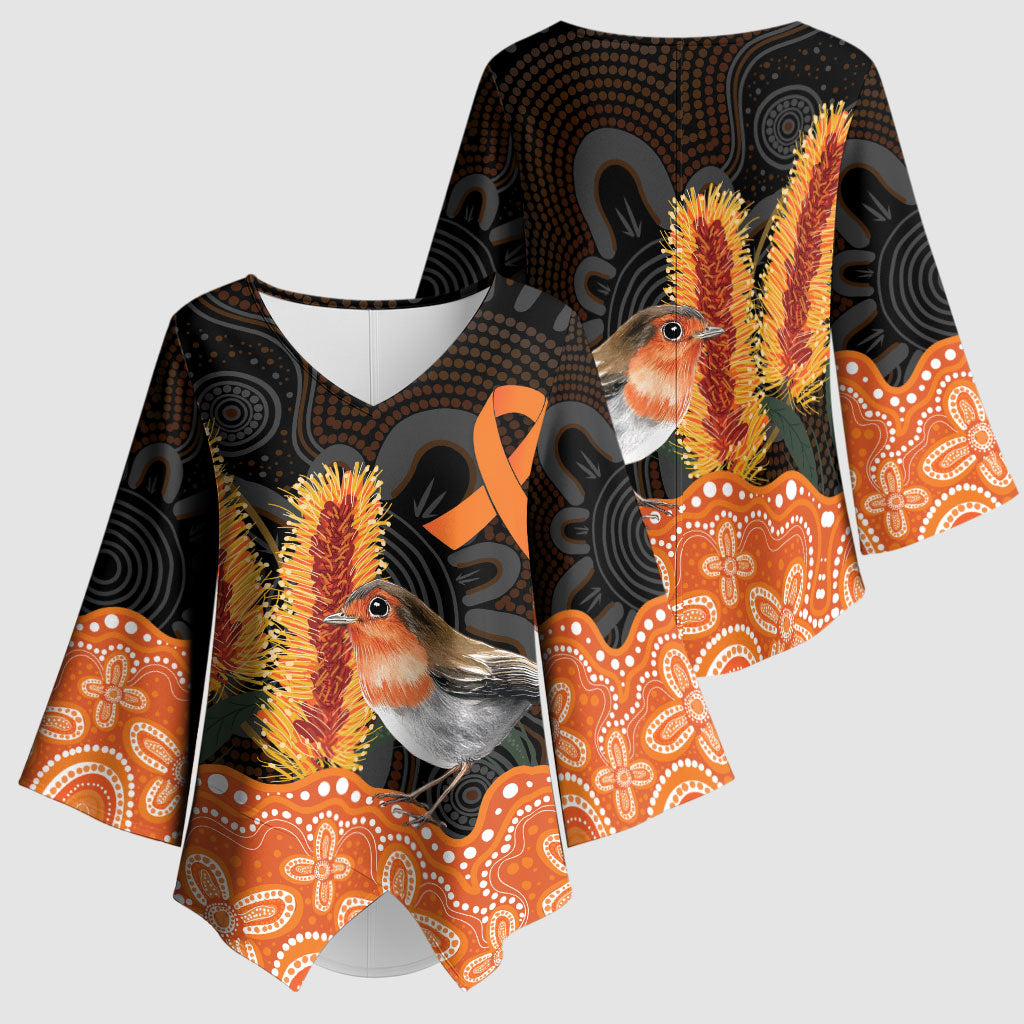 Australia Leukemia Support Kimono Sleeve Blouse Flame Robin Bottlebrush Aboriginal Art