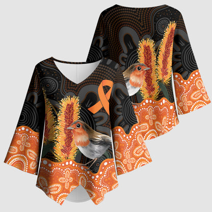 Australia Leukemia Support Kimono Sleeve Blouse Flame Robin Bottlebrush Aboriginal Art