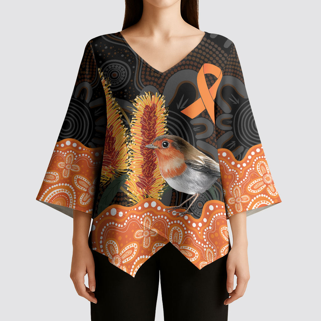 Australia Leukemia Support Kimono Sleeve Blouse Flame Robin Bottlebrush Aboriginal Art