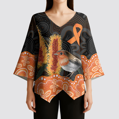 Australia Leukemia Support Kimono Sleeve Blouse Flame Robin Bottlebrush Aboriginal Art