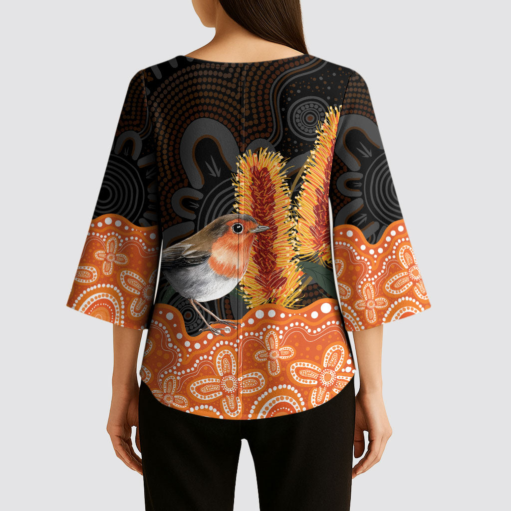 Australia Leukemia Support Kimono Sleeve Blouse Flame Robin Bottlebrush Aboriginal Art