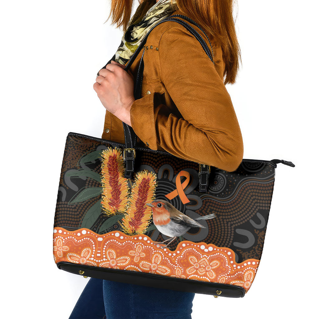 Australia Leukemia Support Leather Tote Bag Flame Robin Bottlebrush Aboriginal Art