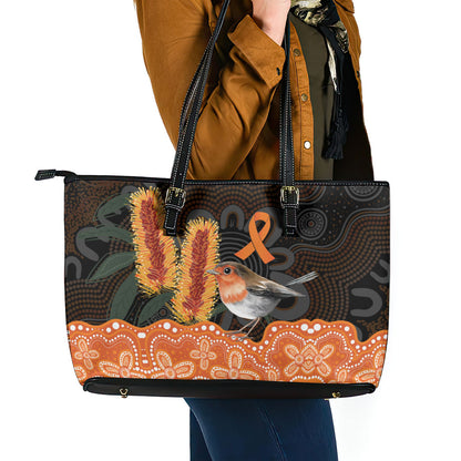 Australia Leukemia Support Leather Tote Bag Flame Robin Bottlebrush Aboriginal Art