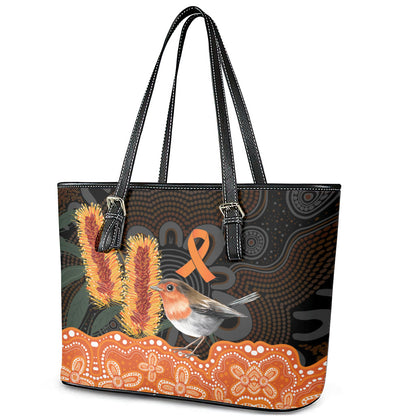 Australia Leukemia Support Leather Tote Bag Flame Robin Bottlebrush Aboriginal Art