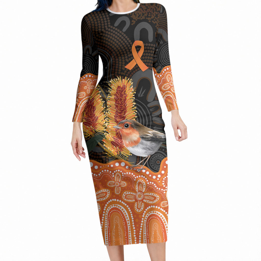 Australia Leukemia Support Long Sleeve Bodycon Dress Flame Robin Bottlebrush Aboriginal Art