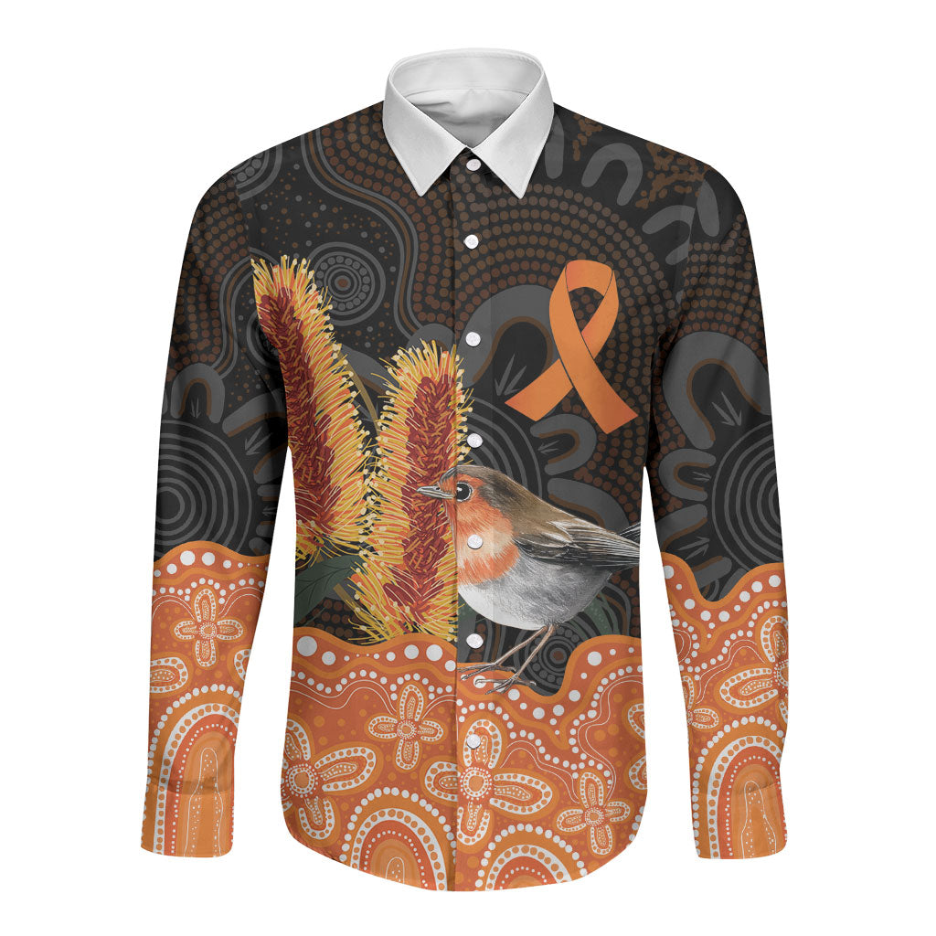 Australia Leukemia Support Long Sleeve Button Shirt Flame Robin Bottlebrush Aboriginal Art