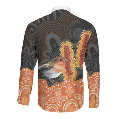 Australia Leukemia Support Long Sleeve Button Shirt Flame Robin Bottlebrush Aboriginal Art
