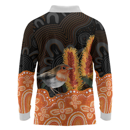 Australia Leukemia Support Long Sleeve Polo Shirt Flame Robin Bottlebrush Aboriginal Art