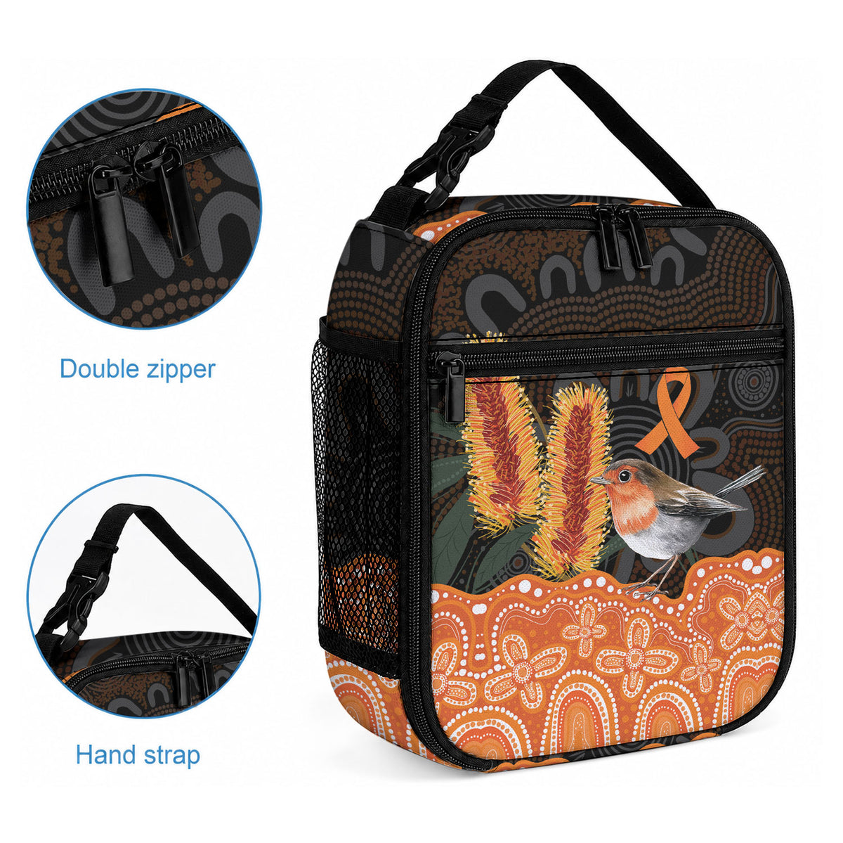 Australia Leukemia Support Lunch Bag Flame Robin Bottlebrush Aboriginal Art