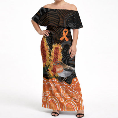 Australia Leukemia Support Off Shoulder Maxi Dress Flame Robin Bottlebrush Aboriginal Art
