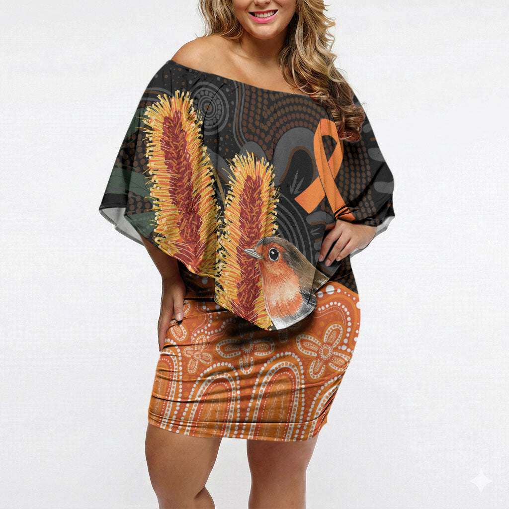 Australia Leukemia Support Off Shoulder Short Dress Flame Robin Bottlebrush Aboriginal Art