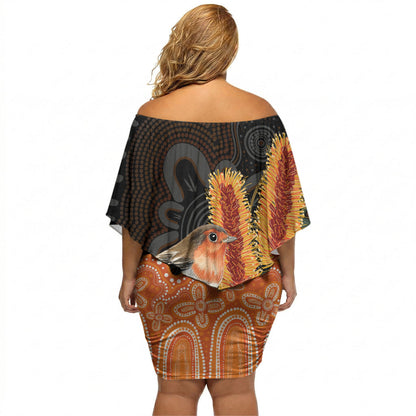 Australia Leukemia Support Off Shoulder Short Dress Flame Robin Bottlebrush Aboriginal Art