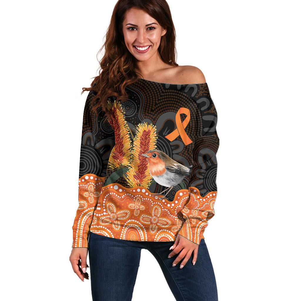 Australia Leukemia Support Off Shoulder Sweater Flame Robin Bottlebrush Aboriginal Art