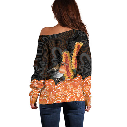 Australia Leukemia Support Off Shoulder Sweater Flame Robin Bottlebrush Aboriginal Art