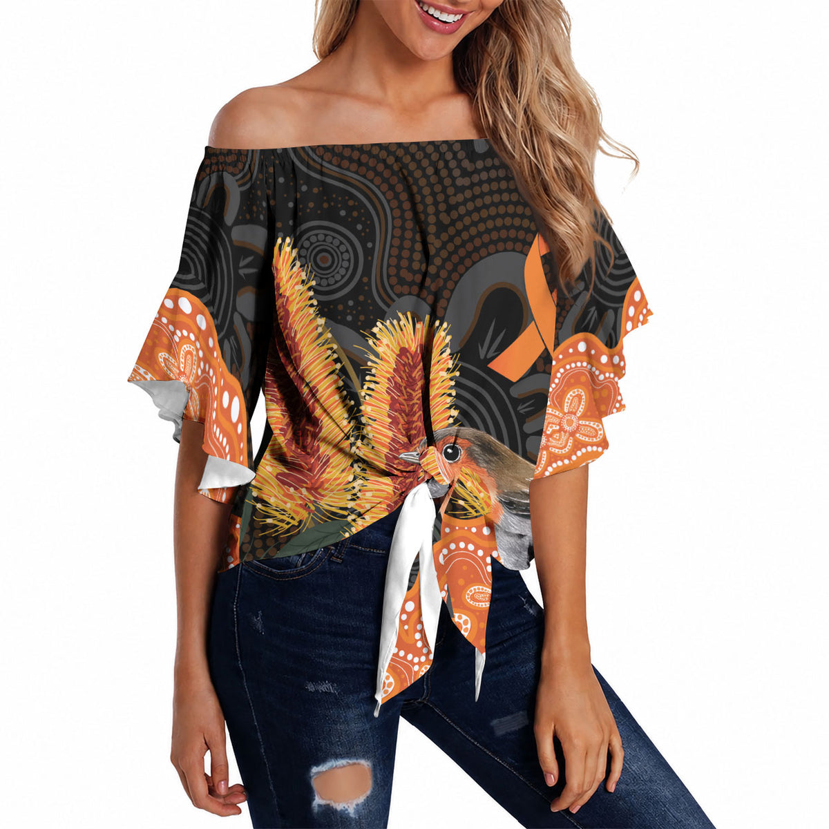 Australia Leukemia Support Off Shoulder Wrap Waist Top Flame Robin Bottlebrush Aboriginal Art