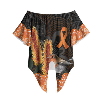 Australia Leukemia Support Off Shoulder Wrap Waist Top Flame Robin Bottlebrush Aboriginal Art