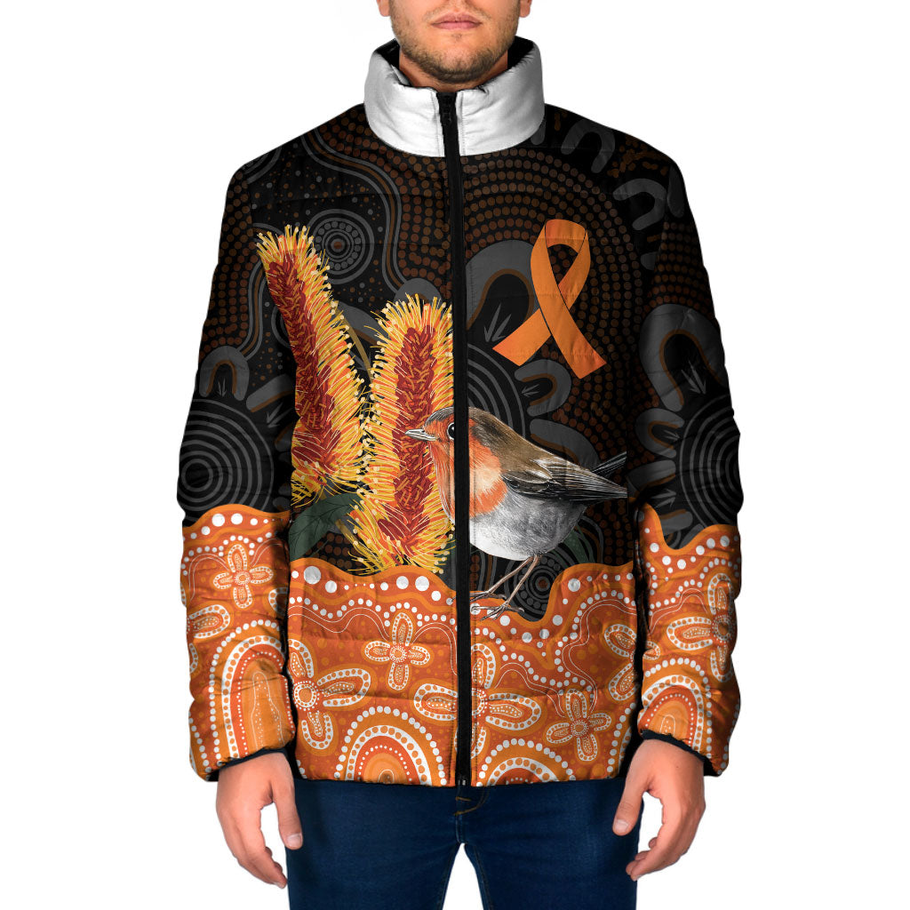 Australia Leukemia Support Padded Jacket Flame Robin Bottlebrush Aboriginal Art