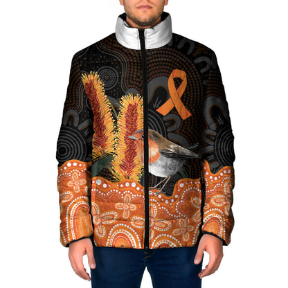 Australia Leukemia Support Padded Jacket Flame Robin Bottlebrush Aboriginal Art