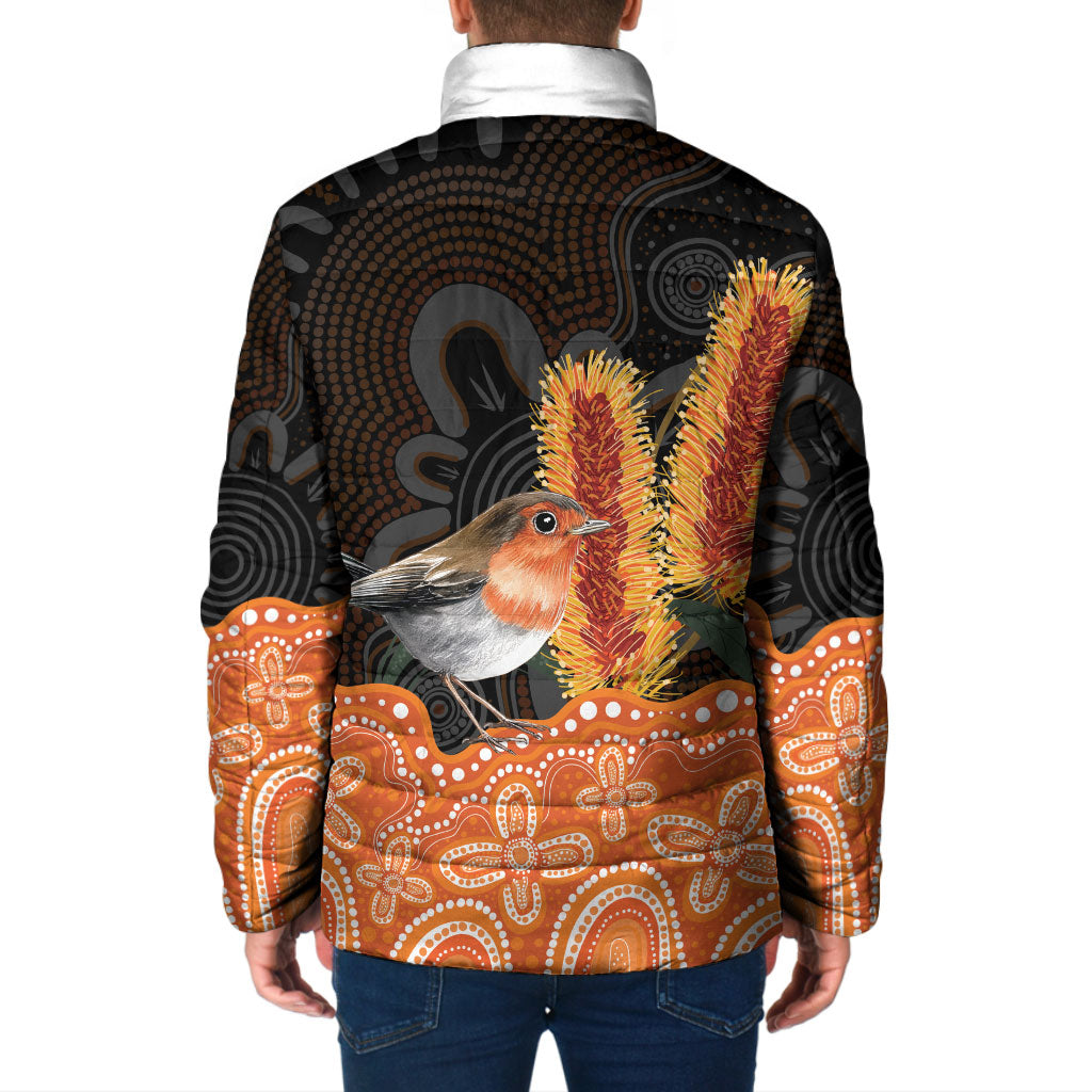 Australia Leukemia Support Padded Jacket Flame Robin Bottlebrush Aboriginal Art