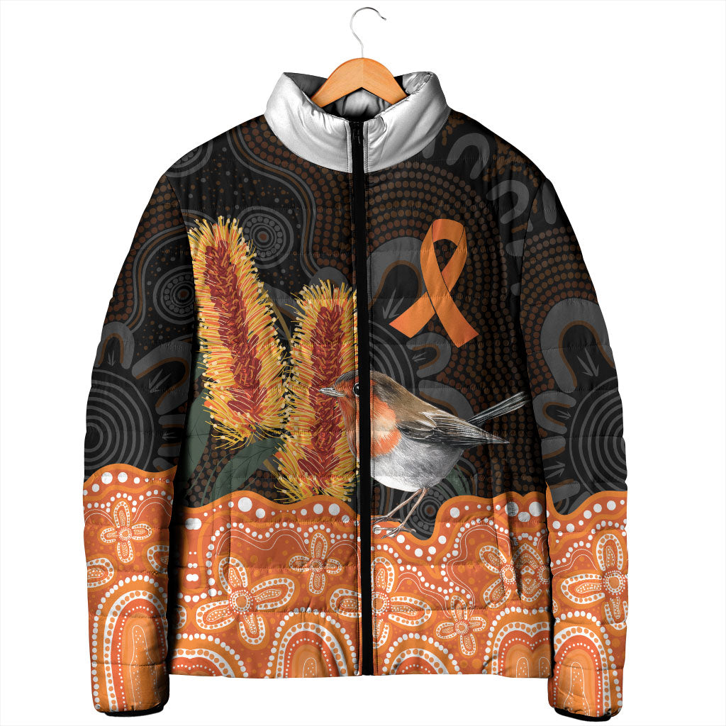 Australia Leukemia Support Padded Jacket Flame Robin Bottlebrush Aboriginal Art