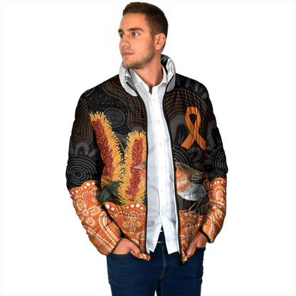 Australia Leukemia Support Padded Jacket Flame Robin Bottlebrush Aboriginal Art