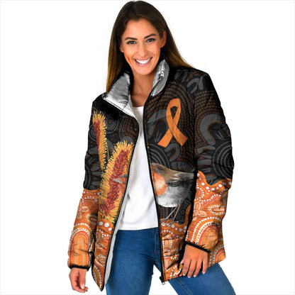 Australia Leukemia Support Padded Jacket Flame Robin Bottlebrush Aboriginal Art