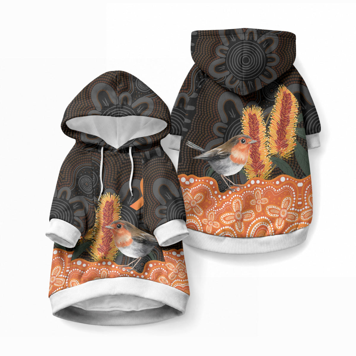Australia Leukemia Support Pet Hoodie Flame Robin Bottlebrush Aboriginal Art