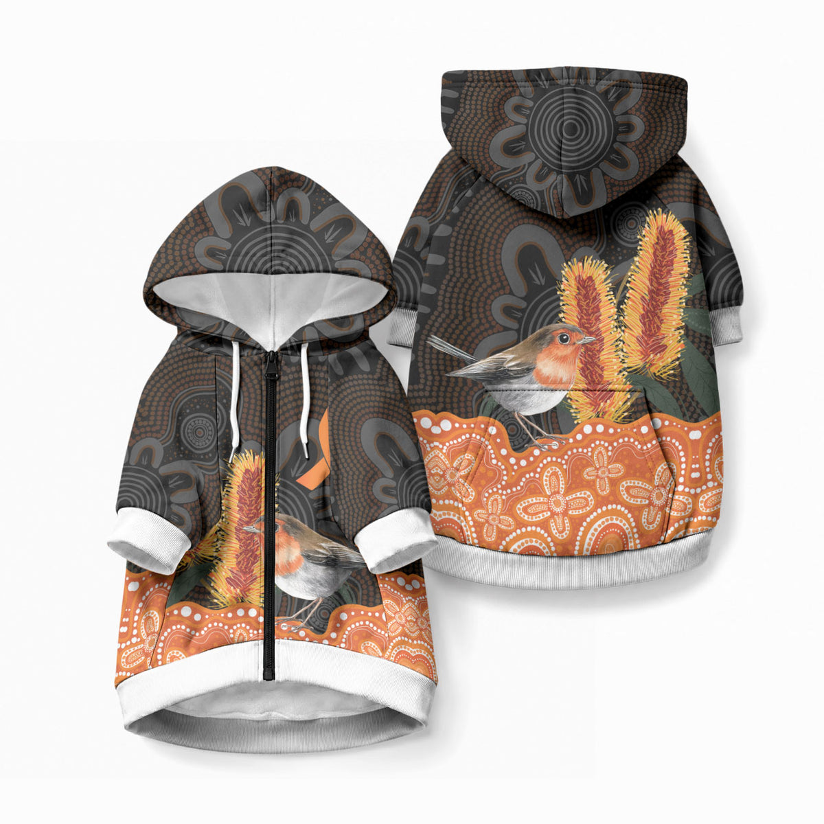 Australia Leukemia Support Pet Hoodie Flame Robin Bottlebrush Aboriginal Art