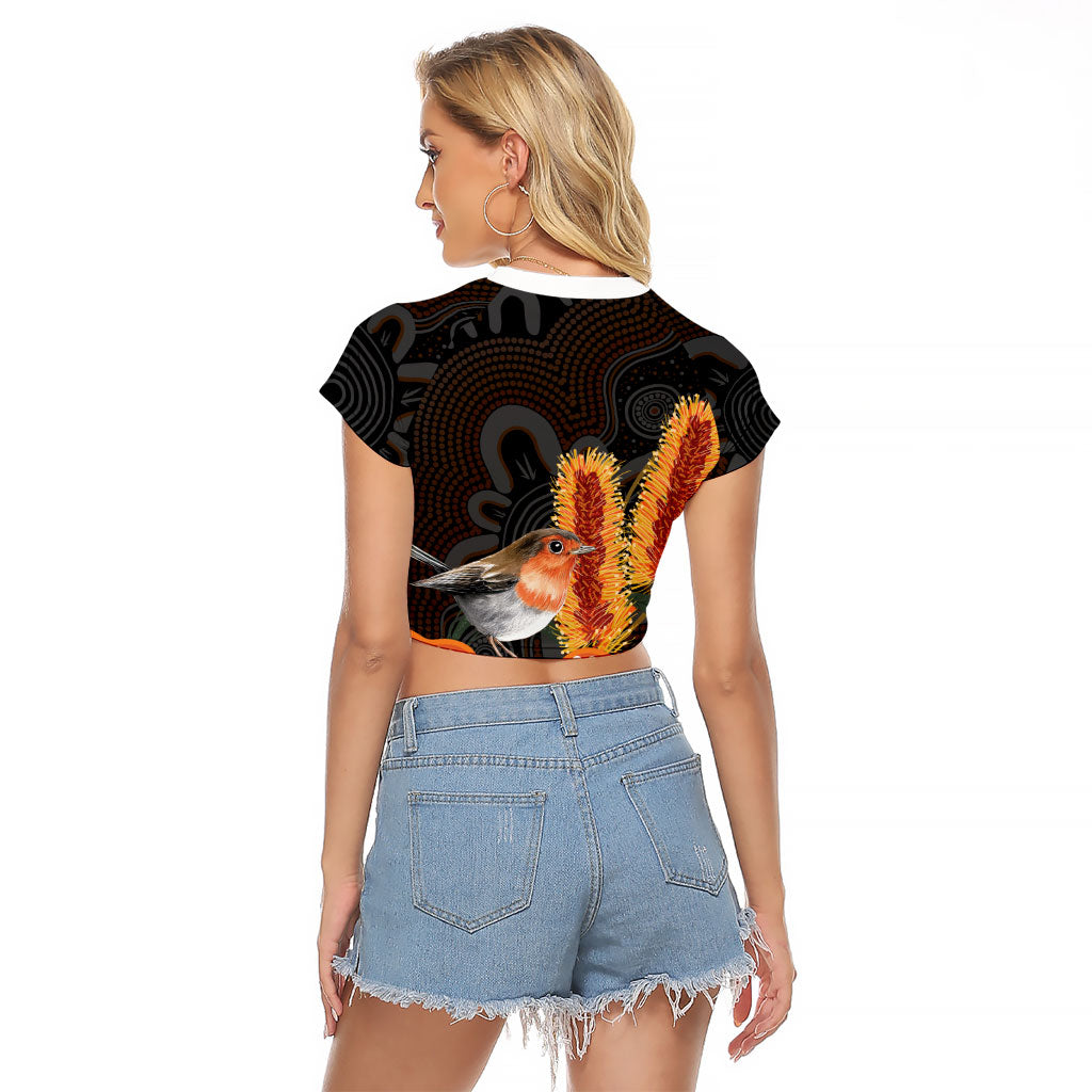 Australia Leukemia Support Raglan Cropped T Shirt Flame Robin Bottlebrush Aboriginal Art