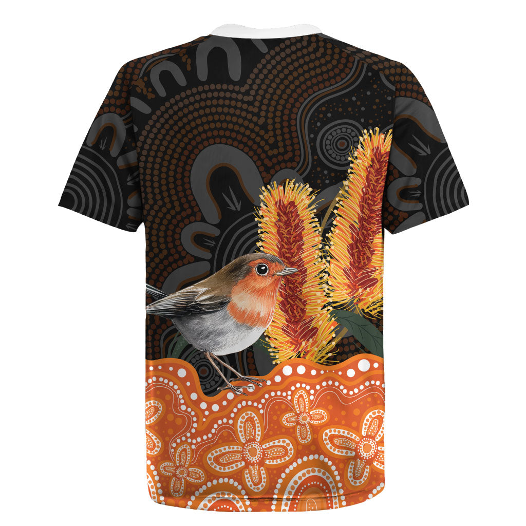 Australia Leukemia Support Rugby Jersey Flame Robin Bottlebrush Aboriginal Art