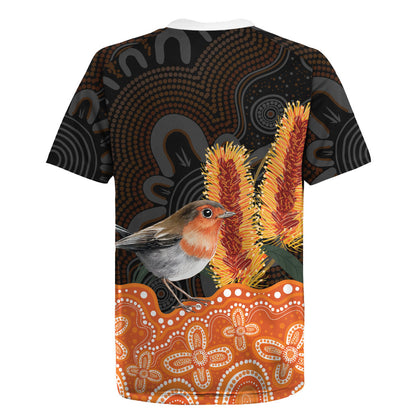 Australia Leukemia Support Rugby Jersey Flame Robin Bottlebrush Aboriginal Art