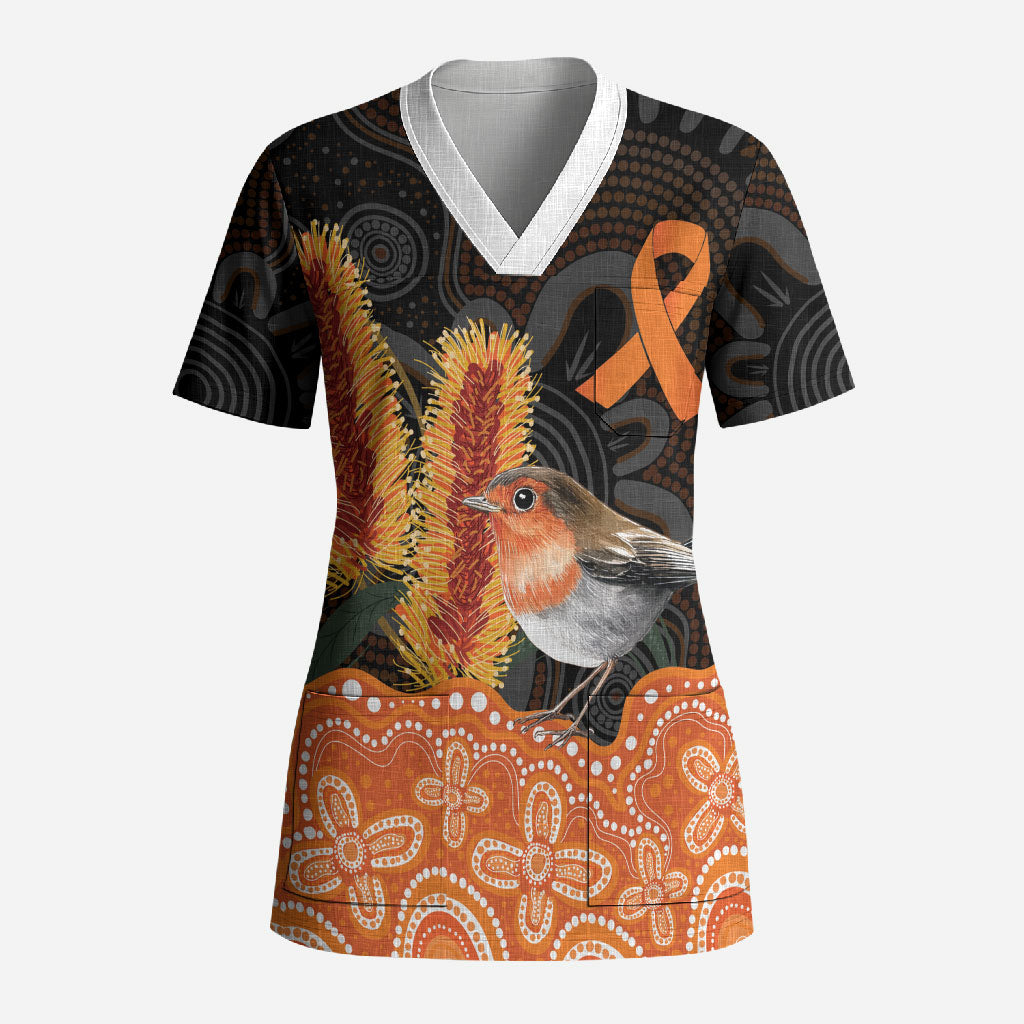 Australia Leukemia Support Scrub Top Flame Robin Bottlebrush Aboriginal Art