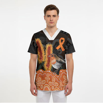 Australia Leukemia Support Scrub Top Flame Robin Bottlebrush Aboriginal Art